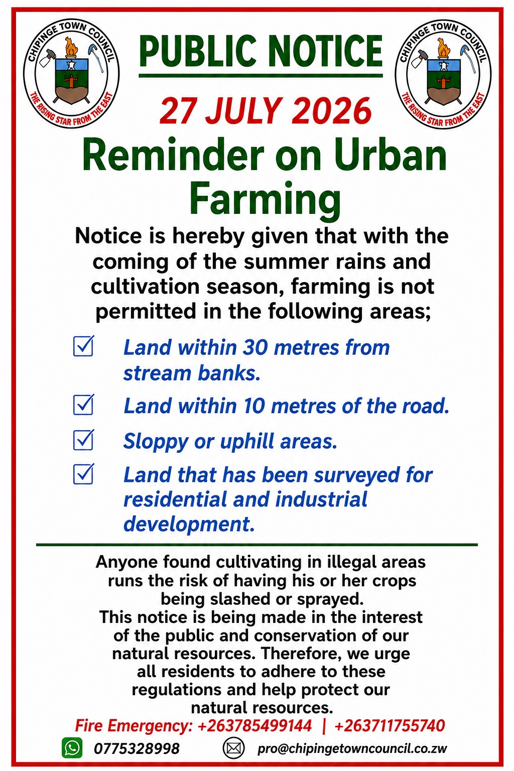 Public notice dated 27 July 2026 concerning urban farming
